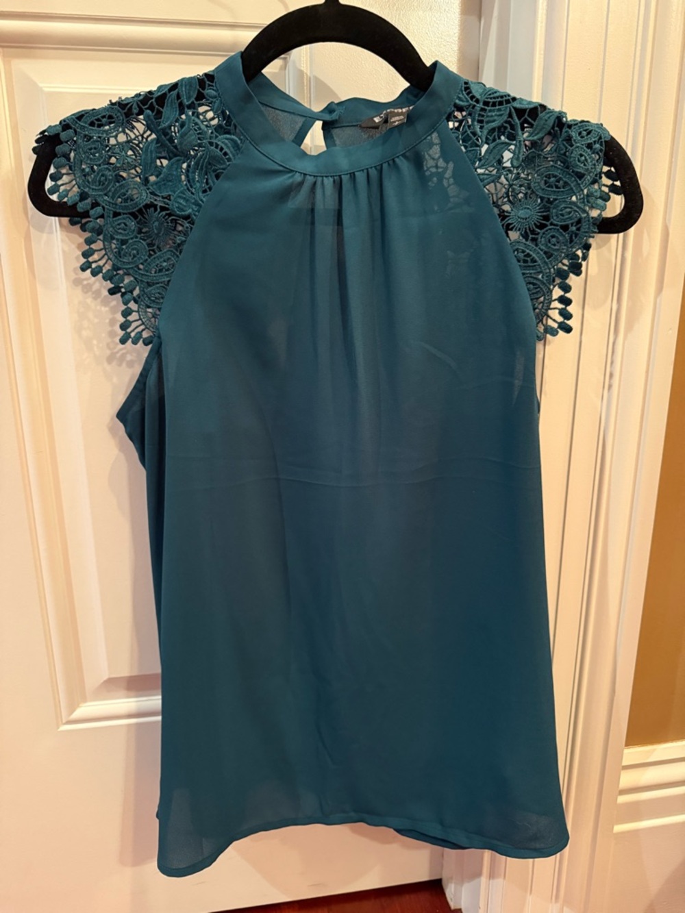 Express Teal Crochet Cap-Sleeve Halter Blouse